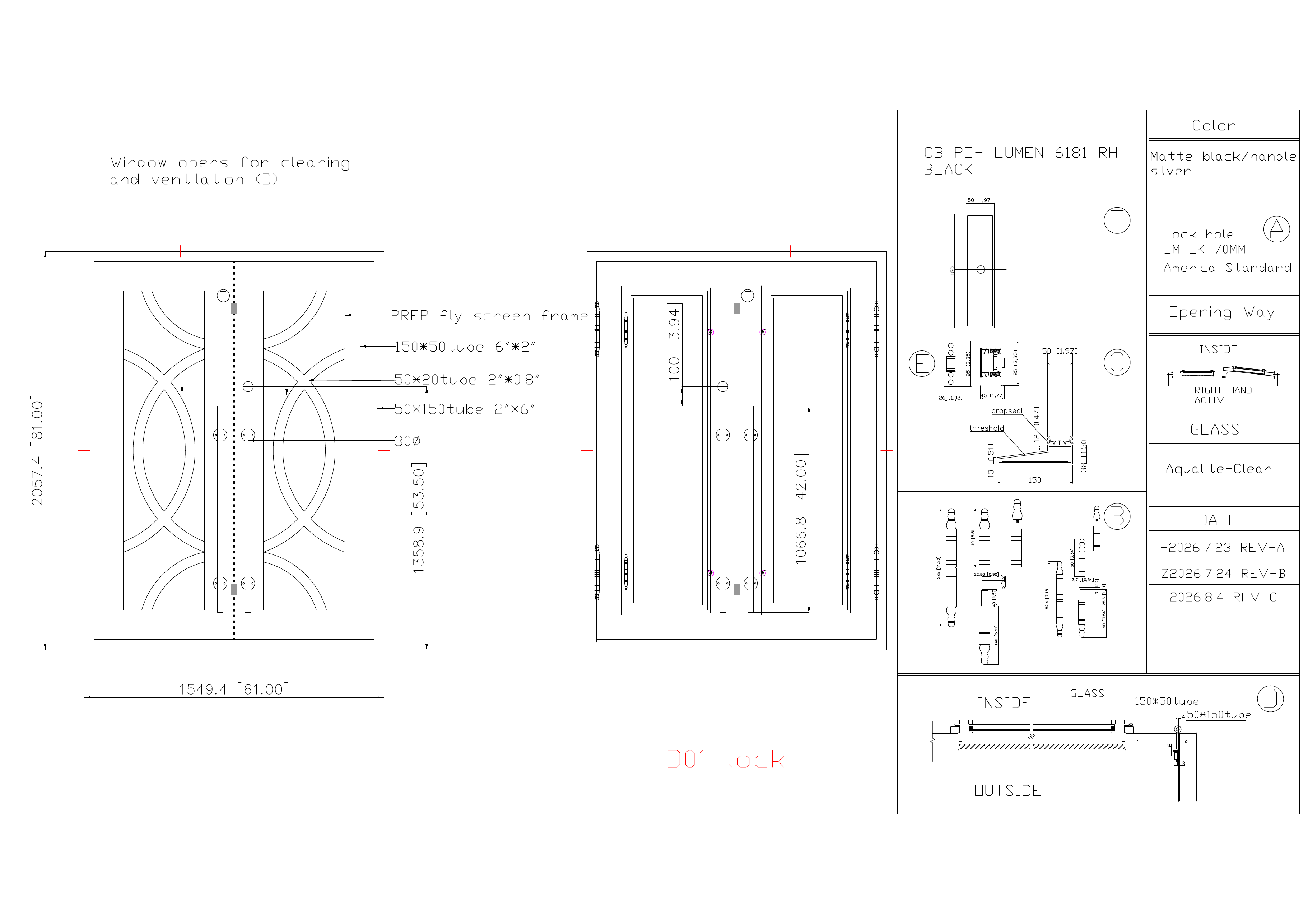 Lumen 61 x 81 Right-Hand Active Double Iron Door - Matte black with silver handles (Pre-Order)